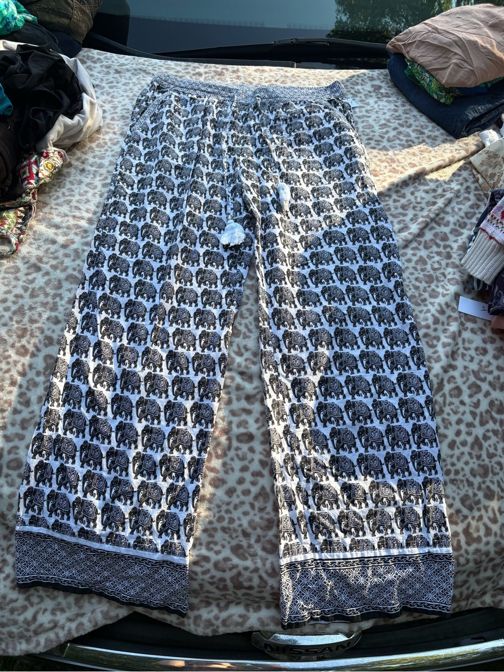 Devi Designs 100% Cotton Boho Elephant Print Wide Leg Pants Black & White Hippie